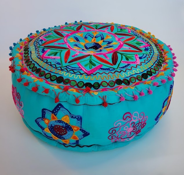 Blue Pouf with Colorful Embroidery