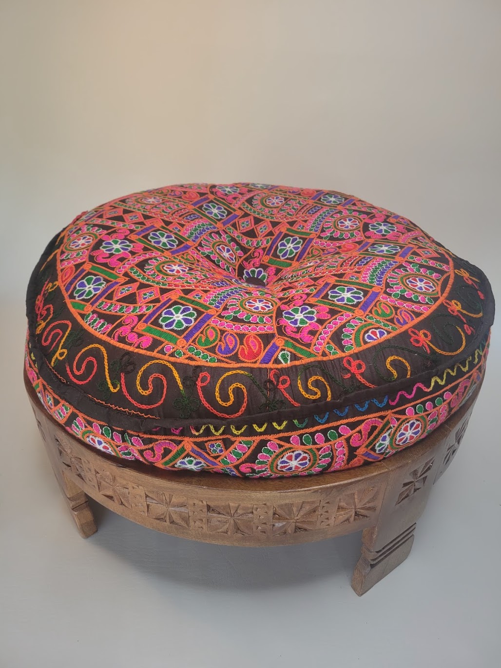 Low Round Embroidered Cushioned Stool