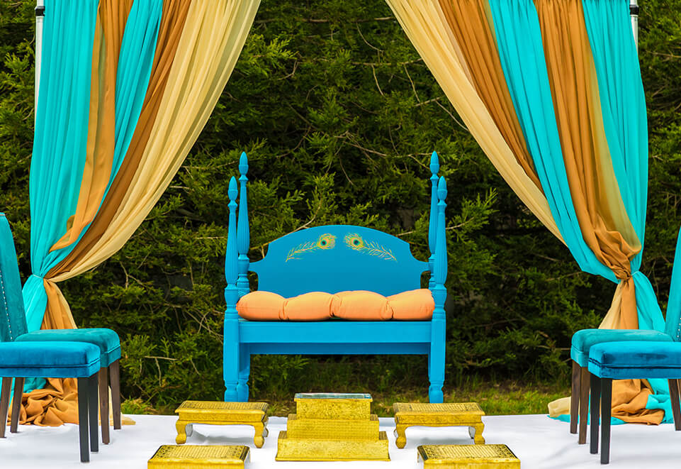 Peacock Blue Wooden Chairs with Draped Mandap