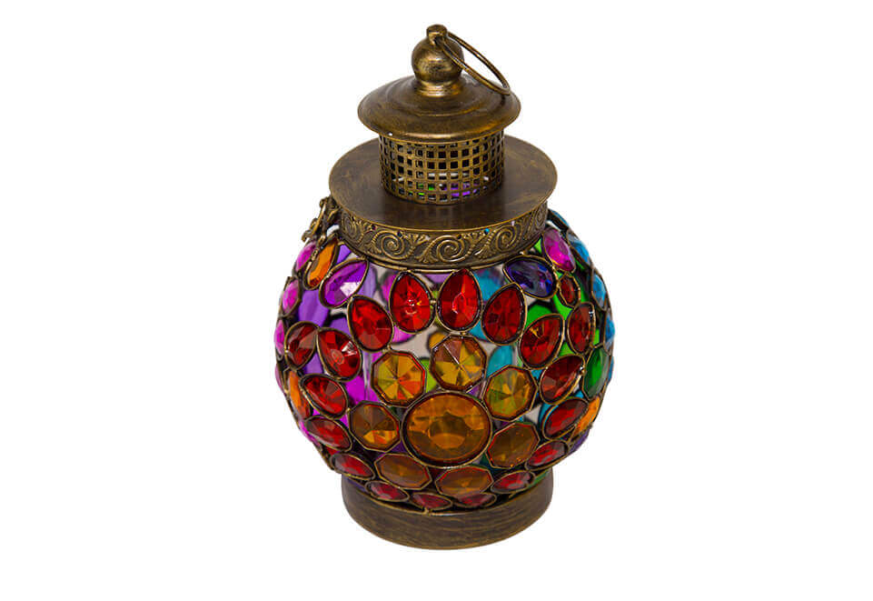 Brass Colored Round Lantern with Multicolored Jewels