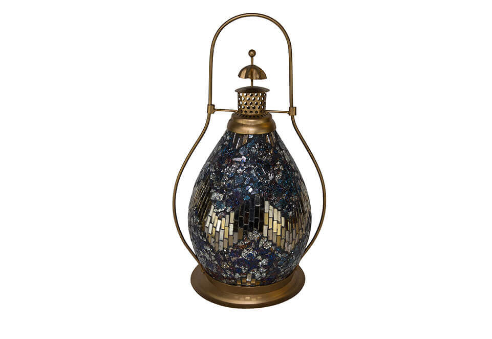 Brass Lantern with Silver, Blue and Gold Mosaic Design