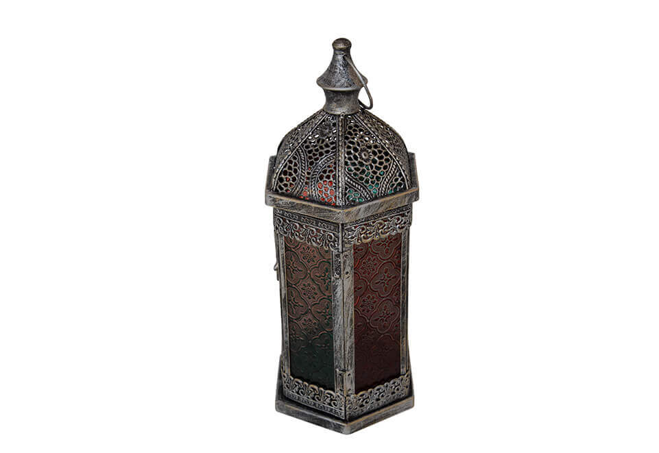 Dark Silver Colored Metal Lantern with Shaded Glass