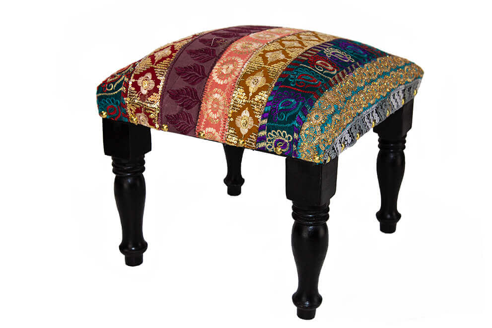 Low square stool with multicolored design