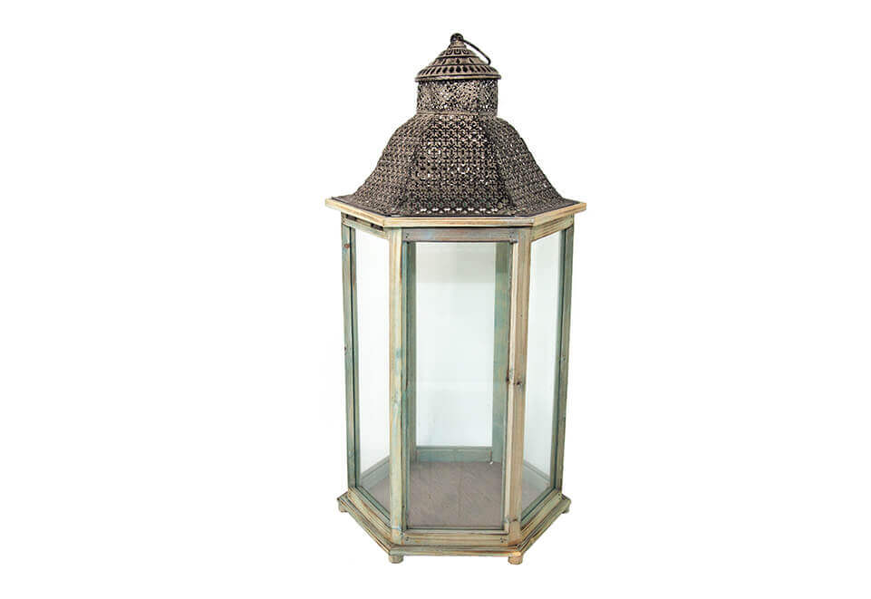 Metal and Wooden Lantern with Clear Glass