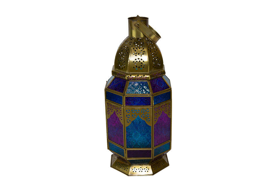Polished Brass Lantern with Blue and Purple Windows