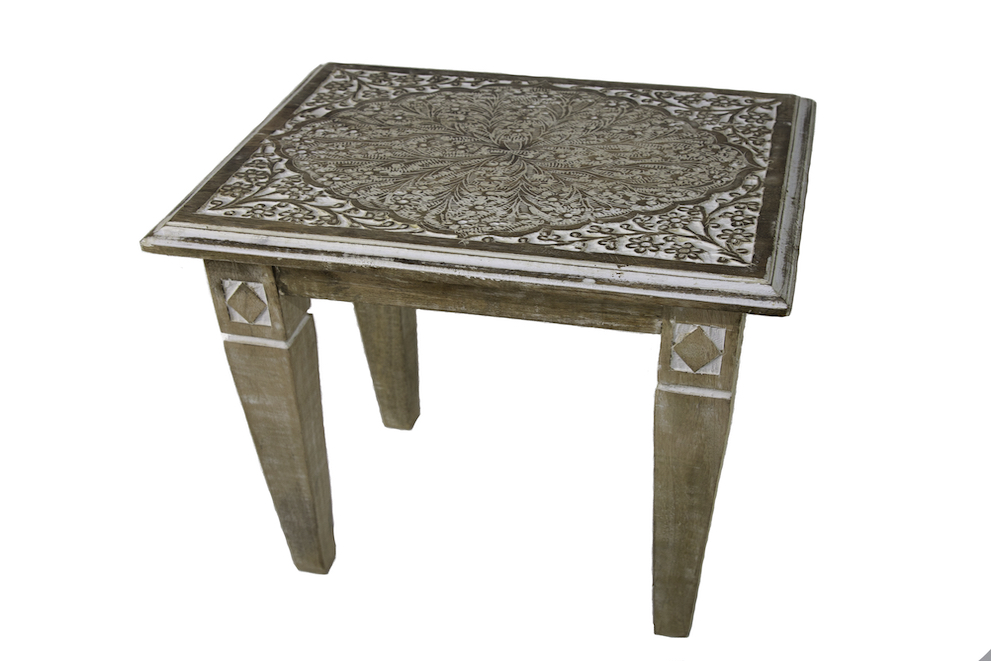 Brown Wooden Side Table with Design on Top