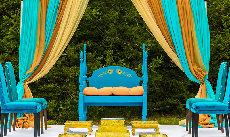 Blue Wooden Chairs with Draped Mandap