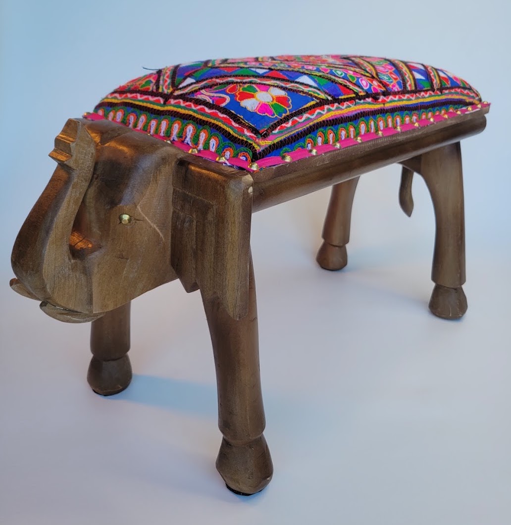 Long Colorful Wooden Elephant Stool with Cushion