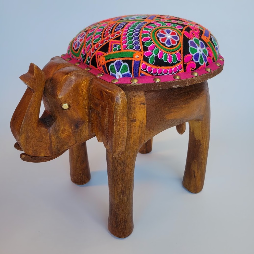 Short Colorful Wooden Elephant Stool with Cushion