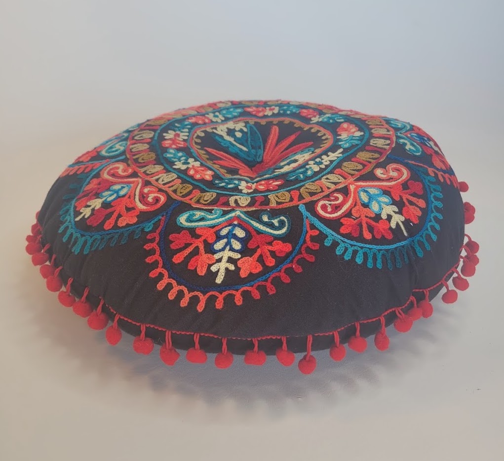 Black Floor Pouf with Colorful Embroidery