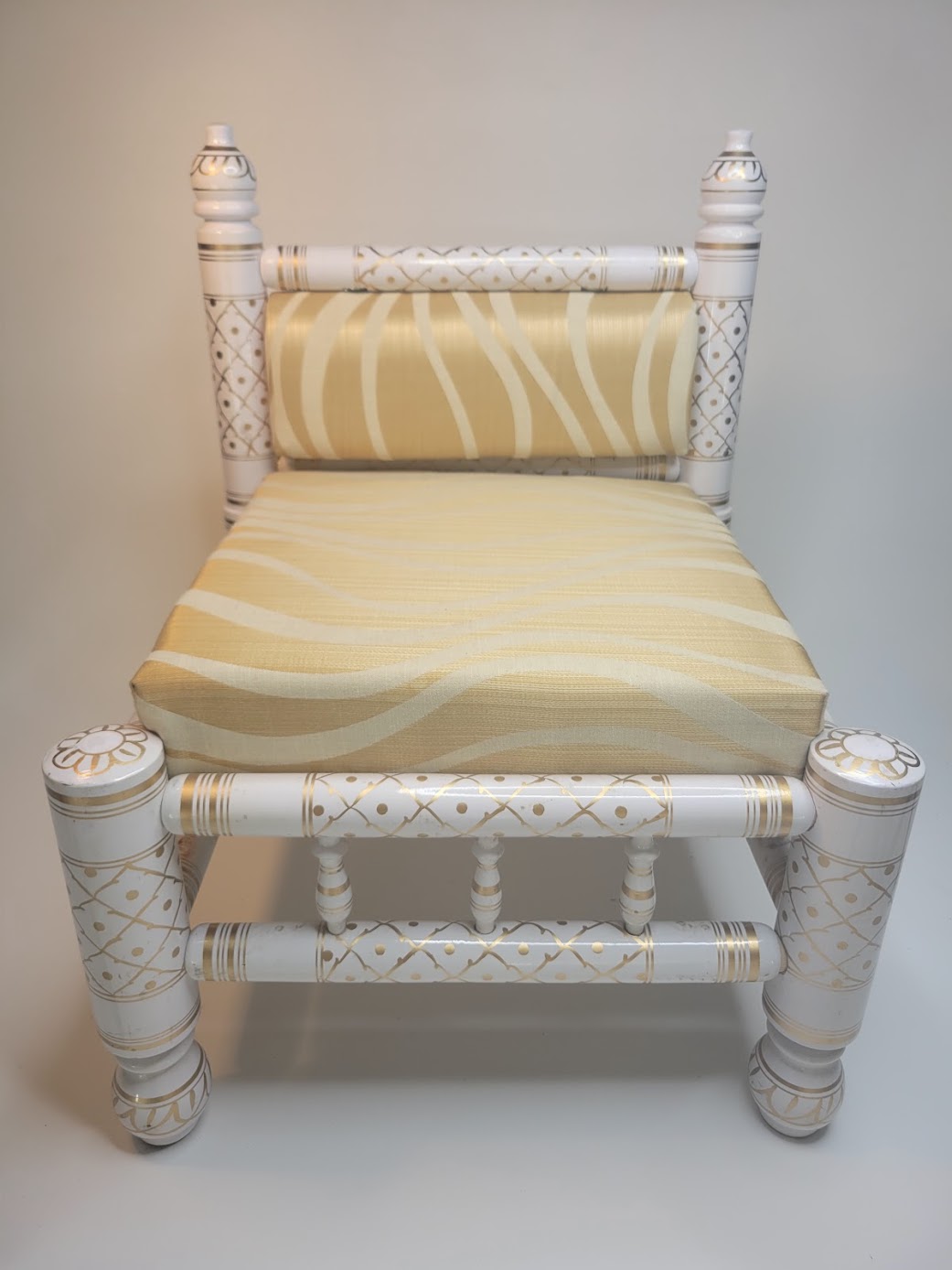 Small White and Gold Sankheda Chair With Gold Cushions