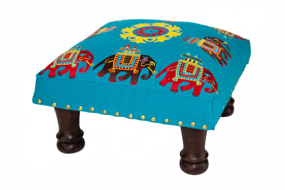 Low Square Stool with Elephant Design
