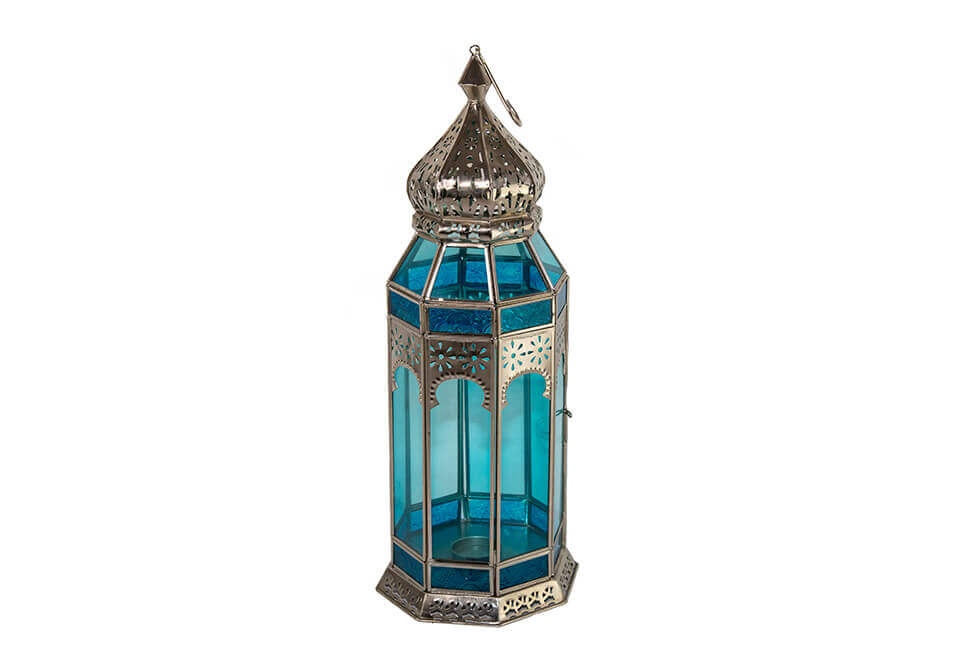 Silver Lantern with Blue Glass
