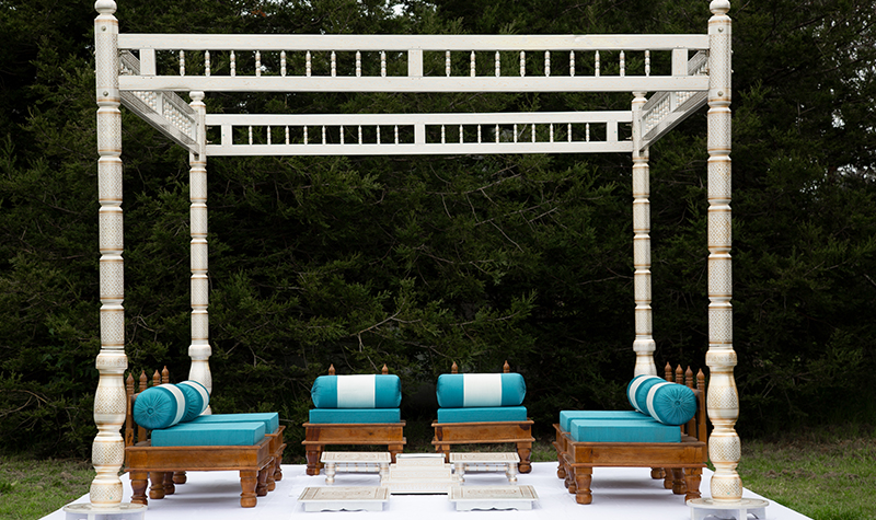 Blue Wooden Chairs with Draped Mandap