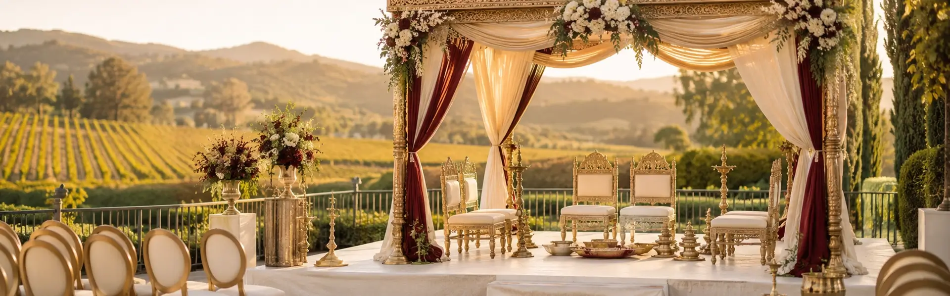 Indian wedding décor rentals in California with an elegant mandap, stage, and coordinated ceremony furnishings