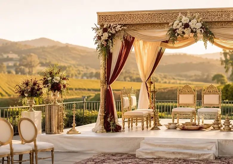 elegant indian wedding mandap and cultural wedding decor rentals at a california vineyard venue