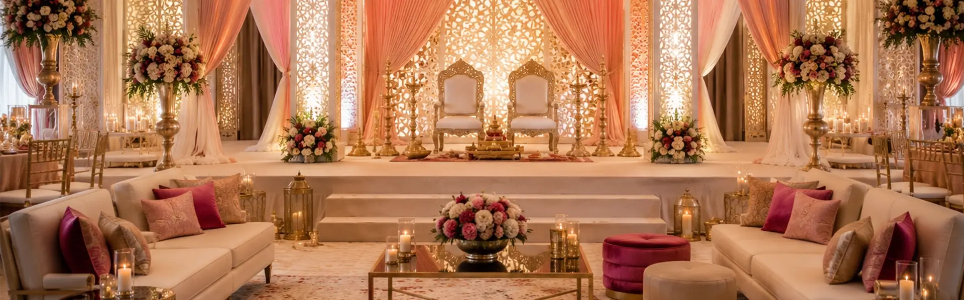 modern elegant indian wedding decor blending traditional mandap design with luxury lounge seating floral arrangements chandeliers and contemporary reception styling in california