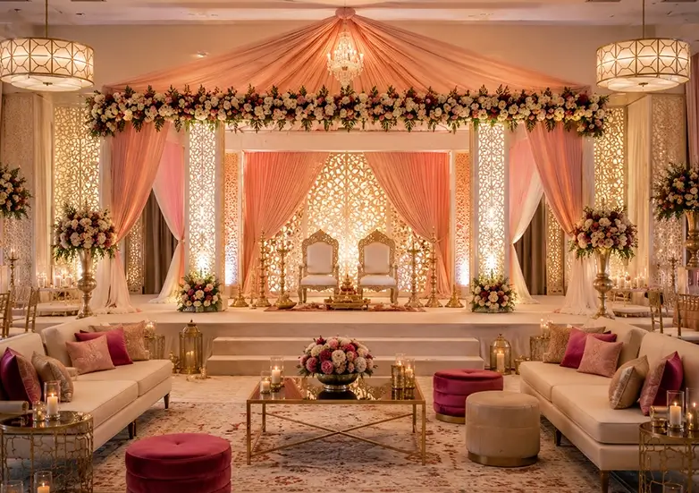 traditional indian wedding ceremony details featuring embroidered bridal lehenga bangles and rose garland cultural wedding decor california wine country