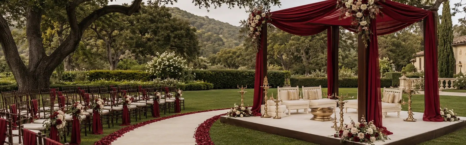 outdoor mandap rental at a California vineyard featuring elegant draping, ceremony seating, and cultural wedding décor