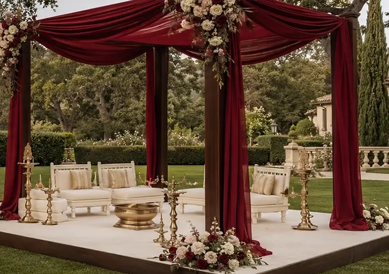 outdoor indian wedding mandap with burgundy fabric at a california garden and estate wedding venue