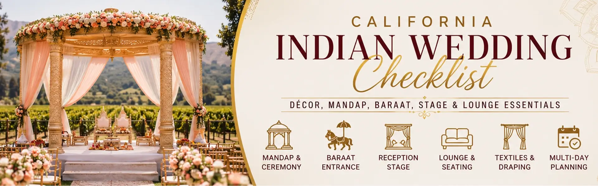 elegant indian wedding lounge and stage decor california