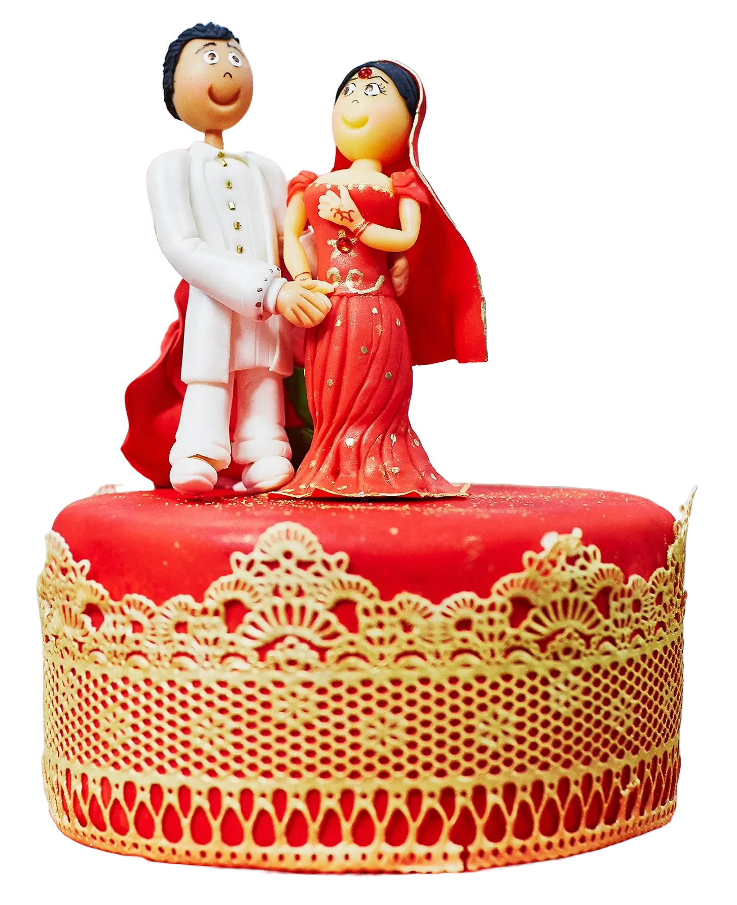 Colorful Indian wedding cake topper featuring bride and groom figurines in traditional attire, symbolizing joyful celebrations by Cultural Event Rentals in Southern California