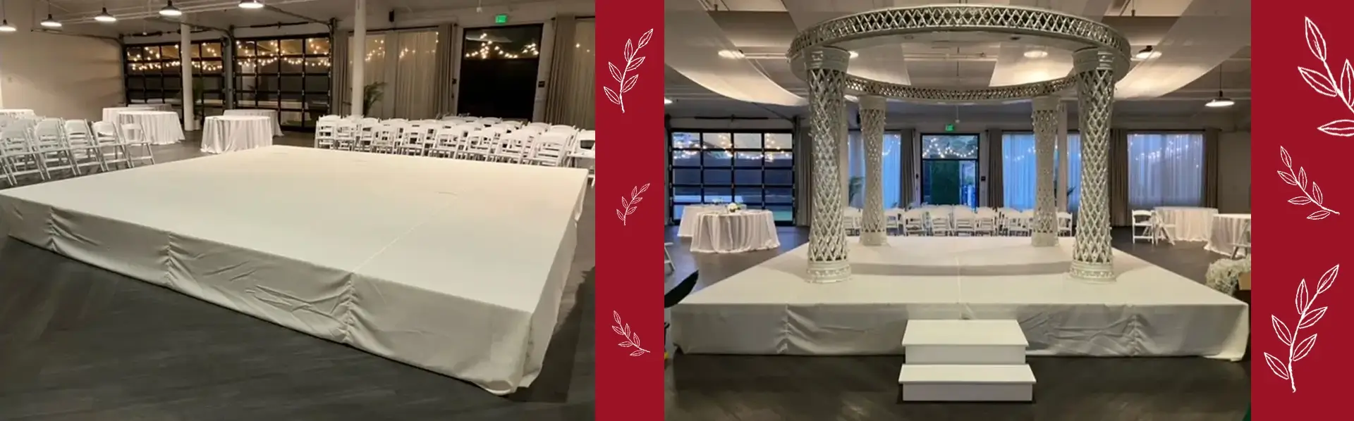 Outdoor Hindu wedding reception in California featuring long wooden tables, elegant seating, and ambient string lighting in a natural forest setting